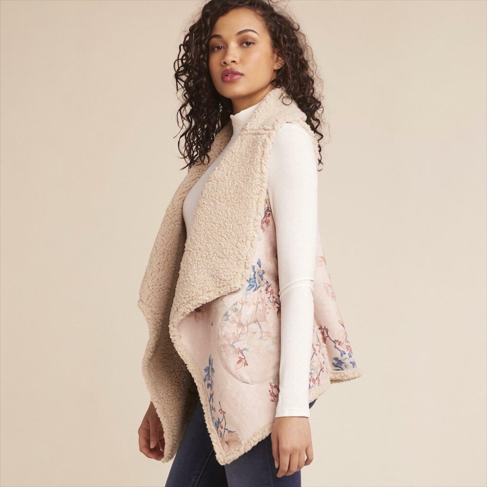 NWT BB Dakota Reversible Floral Sherpa Faux Suede Vest Pink Small